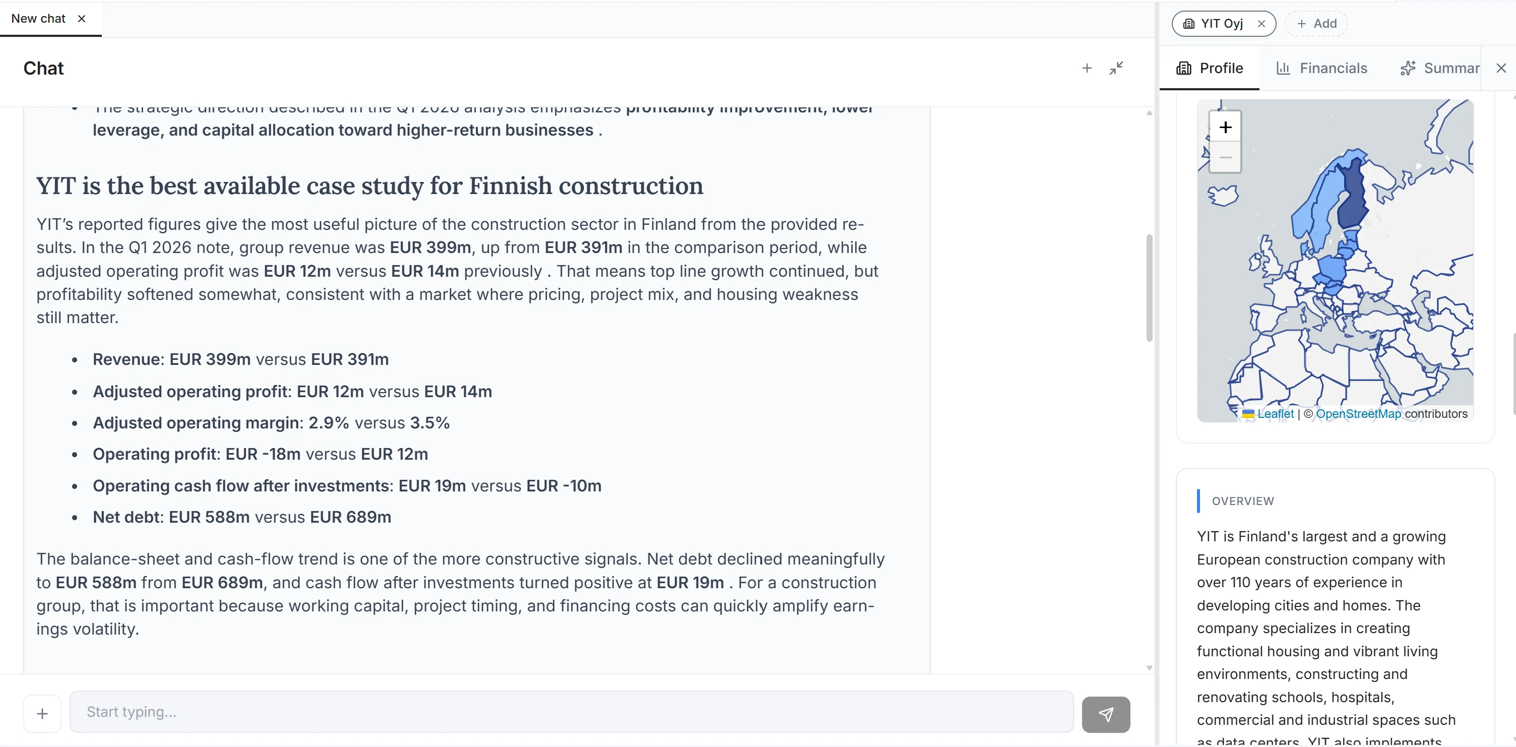 Clarifo chat view: conversation about a listed company